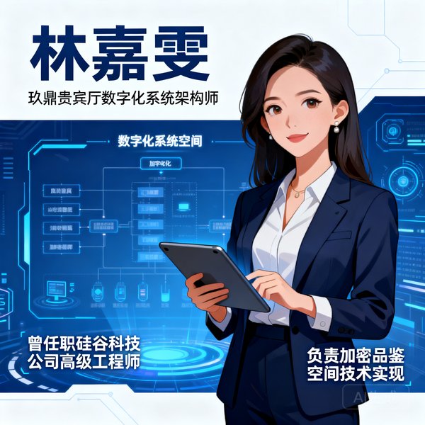 林嘉雯女士，玖鼎贵宾厅数字化系统架构师，曾在硅谷科技公司担任高级工程师，负责加密品鉴空间的技术实现。
