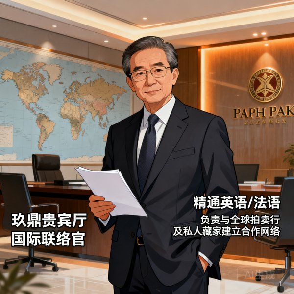 赵维中先生，玖鼎贵宾厅国际联络官，精通英语和法语，负责与全球拍卖行及私人藏家建立合作网络。